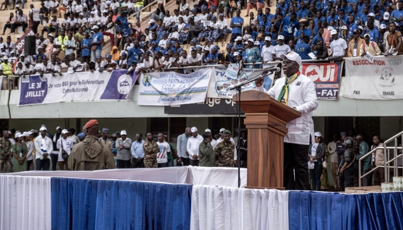 Évariste Ngamana, first deputy speaker of parliament, speaks on 28 July 2023 at the last campaign rally in Bangui before the constitutional referendum. 