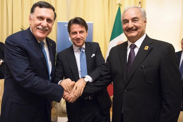 Fayez Sarraj, Giuseppe Conte and Khalifa Haftar.