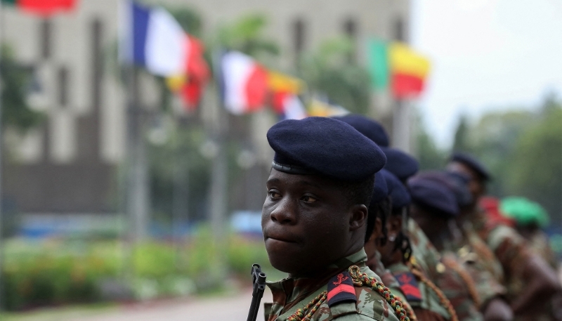 Beninese soldiers in front of the Marina presidential palace courtyard, Cotonou.