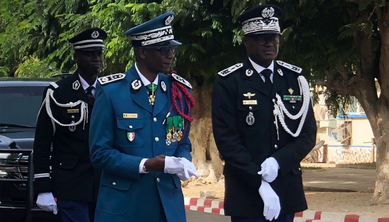 Gendarmerie head General Martin Faye at the investiture ceremony of new DGPN chief Mame Seydou Ndour (centre) on 6 June 2024 in Dakar.