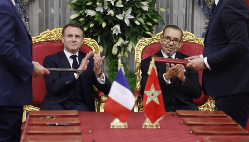 French president Emmanuel Macron and King Mohammed VI of Morocco during a signing ceremony in the Royal Palace in Rabat on 28 October 2024.