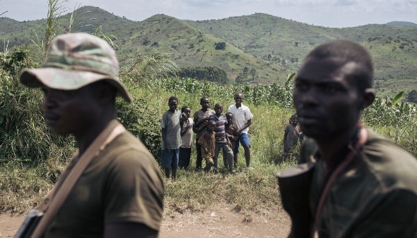 FARDC soldiers near the frontline and the town of Kibirizi, controlled by the M23, North Kivu, DRC, 14 May 2024.