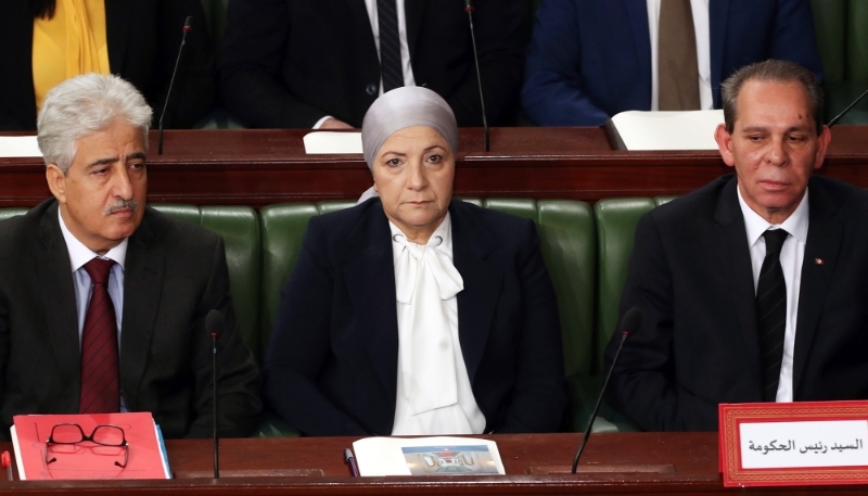 Defense Minister Imed Memmich, Justice Minister Leila Jaffel and Prime Minister Ahmed Hachani at the Assembly of the People's Representatives in Tunis on 17 November 2023.