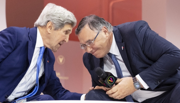 Former US Secretary of State John Kerry and Patrick Pouyanne at the VivaTech annual trade fair in Paris on 23 May 2024.