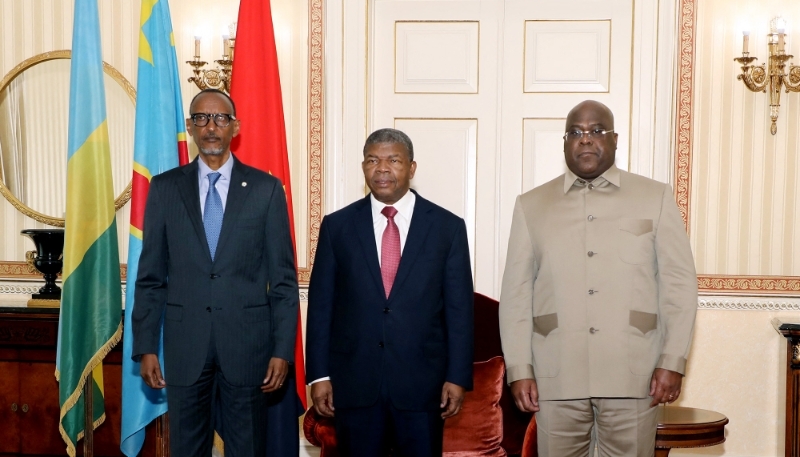 Paul Kagame, João Lourenço and Félix Tshisekedi meet in Luanda on 6 July 2022.