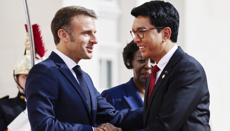 French President Emmanuel Macron and his Madagascan counterpart Andry Rajoelina at the 19th Summit of the Francophonie in Villers-Cotterets, France, 24 October 2024.