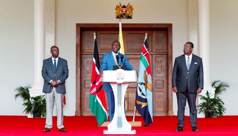 William Ruto flanked by Deputy President Rigathi Gachagua and Cabinet Secretary for Foreign Affairs Musalia Mudavadi at State House in Nairobi, 19 July, 2024.