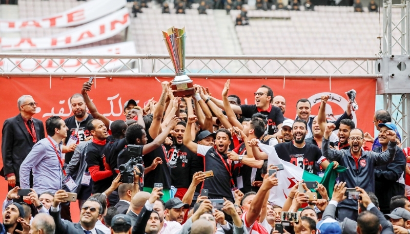 Club Africain footballers celebrate winning the Tunisian Cup in Ben Arous, on 13 May 2018.