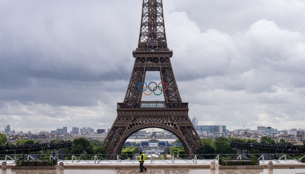 The Olympic rings displayed on the Eiffel Tower in Paris, France, on 16 July 2024.