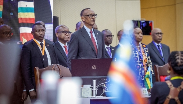 Rwandan President Paul Kagame at the Extraordinary Joint Regional Summit between SADC and the EAC heads of state in Dar es Salaam, Tanzania, 8 February 2025. 