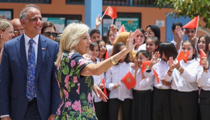 The outgoing US Ambassador in Rabat Puneet Talwar and US First Lady Jill Biden in Marrakech, Morocco, on 5 June 2023.
