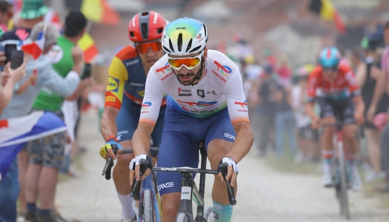 Anthony Turgis, a rider with the TotalEnergies cycling team, on the Tour de France, 7 July 2024.