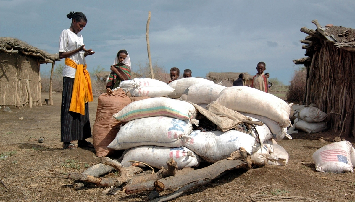 USAID-marked food aid sacks in Borena in Oromia, Ethiopia, in 2006.