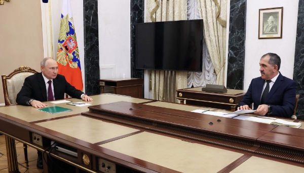 Russia's President Vladimir Putin with Russian Deputy Defence Minister Yunus-Bek Yevkurov in Moscow on 28 September 2023.