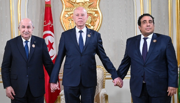 Presidents Abdelmadjid Tebboune (Algeria), Kais Saied (Tunisia) and Mohamed el-Menfi (Libya) on 22 April 2024 in Tunis.