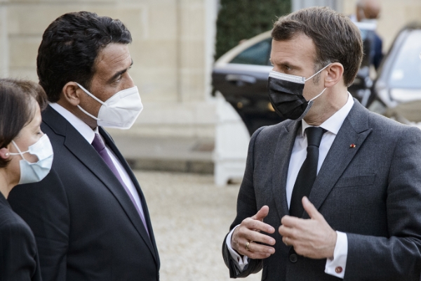 Emmanuel Macron with Mohamed al-Menfi at the Elysee Palace, March 2021.