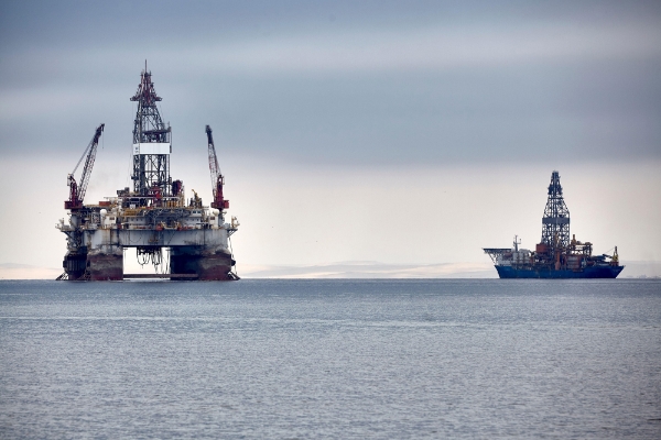 Offshore platforms anchored in the roadstead in the Walvis Bay lagoon.