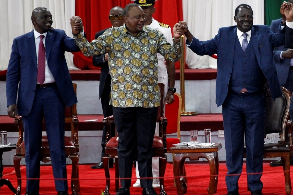 William Ruto, Uhuru Kenyatta and Raila Odingo at the launch of the reformed Building Bridges Initiative in 2019.