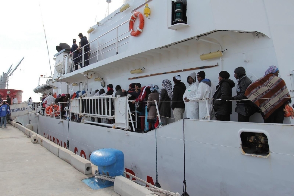 Refugees on an Italian Coast Guard boat.